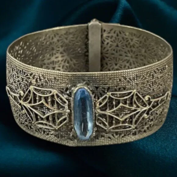 Antique Art Deco Wide Filigree Blue Glass Center Stone Buckle Bracelet - Picture 13 of 13